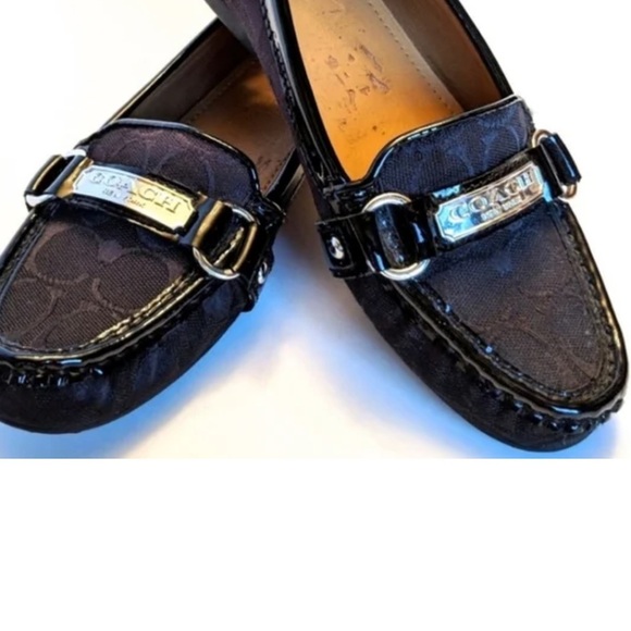Coach Felisha Loafers Sz 6.5 Black Monogram Fabric Patent Leather Silver Buckle - Picture 2 of 9